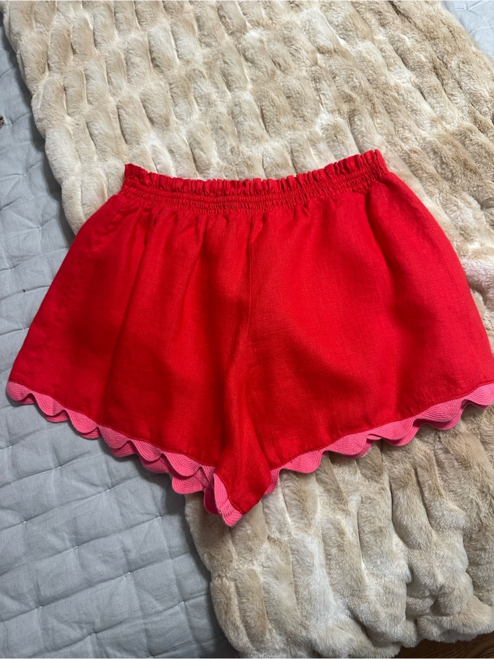 Tuckernuck Red High-Waist Shorts with Pink Scallop Trim